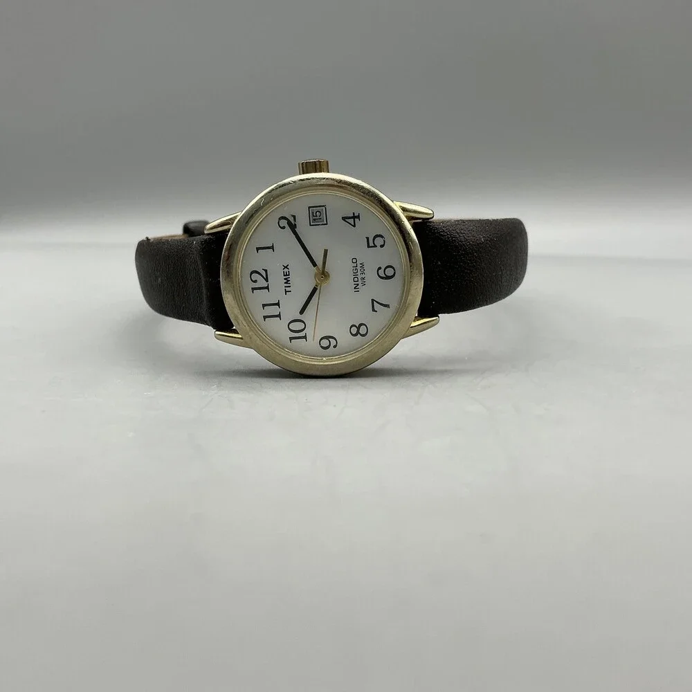 Timex Indiglo Womens Watch 25mm White Dial Leather Date Gold Tone New Battery